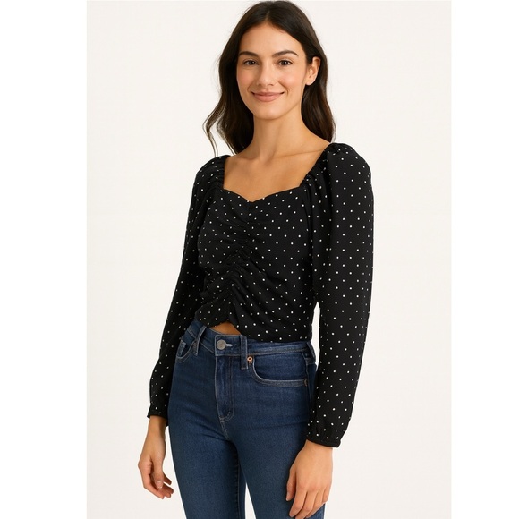 NWT H&M Dots Ruched Long Puff Sleeve Crop - Picture 2 of 8